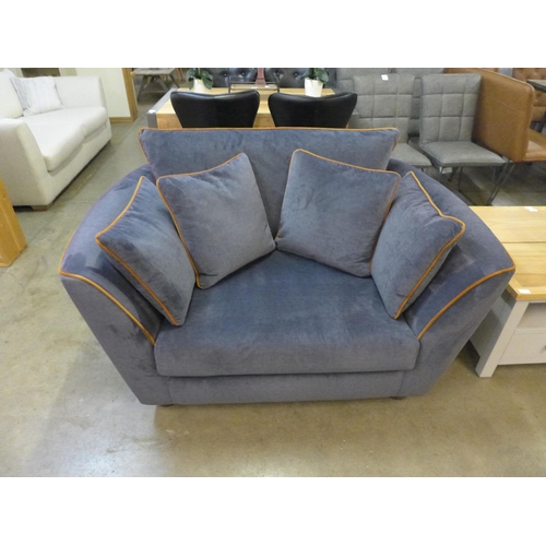 1301 - A grey velvet upholstered love seat with burnt orange trim