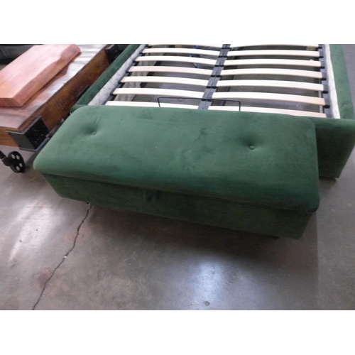 1495 - A forest green upholstered double ottoman storage bed with ottoman (small tear to corner )