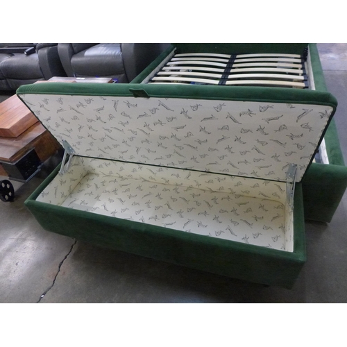 1495 - A forest green upholstered double ottoman storage bed with ottoman (small tear to corner )