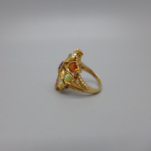 946 - A 14ct gold multi-gem set ring, including a diamond, emerald, sapphire, 9.1g, Q, diamond approximate... 