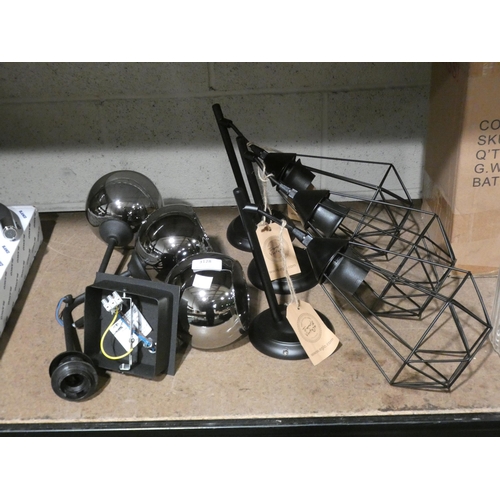 3128 - Three geometric black wall lights and a 3-arm smoked, chrome glass pendant light * this lot is subje... 