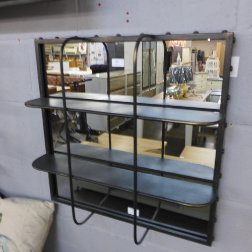 1380 - An antiqued black industrial wall mirror with shelves (JCS1458)      #