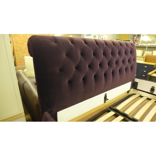 1456 - A burgundy button back superking bed frame (missing some frame parts)