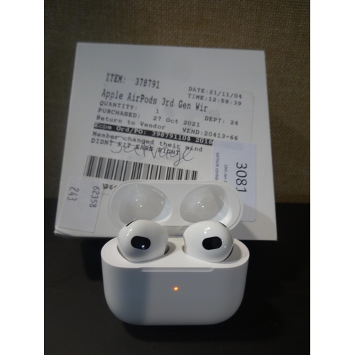 3081 - Airpods (3rd Gen) & Case (model:- MME73ZM/A), original RRP £129.99 + VAT (243-435) * This lot is sub... 