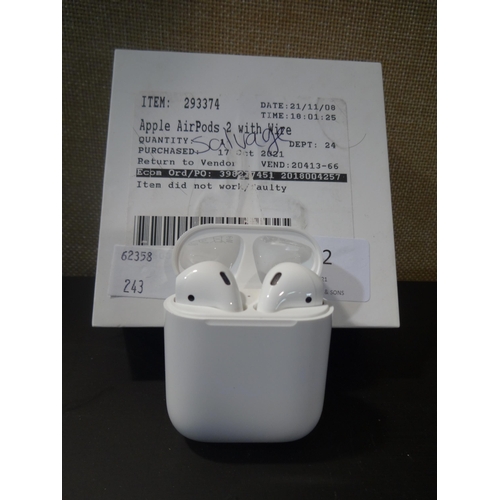 3082 - Airpods (2nd Gen) & Case (model:- MV7N2ZMA), original RRP £114.99 + VAT (243-417) * This lot is subj... 