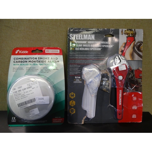 3105 - Kidde Combi Smoke/CO2 Alarm (model:- KCNSMCO) and Steelman Adjustable Wrench (243-257, 283) * This l... 