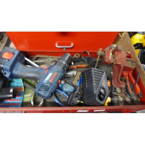 2043 - Box with old tools, car brushes & Bosch drill a/f