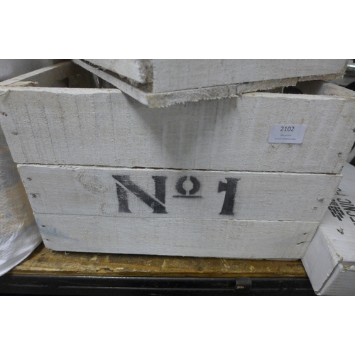 2102 - Set of 3 numbered whitewashed wood planter crates