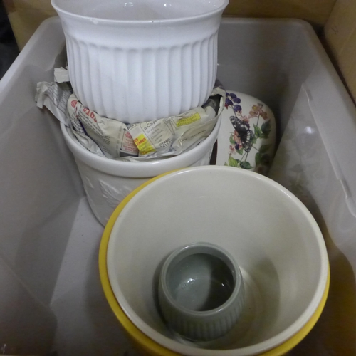 2114 - Box of framed pictures and tub of ceramic vases and planters