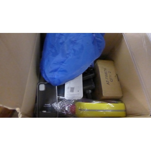 2121 - Box containing baby clothes, steriliser, wireless mouse, 3 USB charging leads, 9 iPhone 11 cases, Mi... 