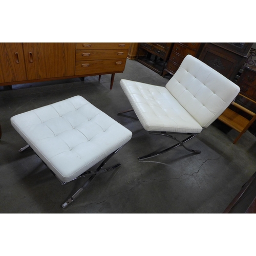 113 - A Barcelona chrome and faux cream leather lounge chair and stool