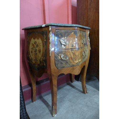 6 - A French Louis XV style simulated marquetry walnut, gilt metal and marble topped petit commode