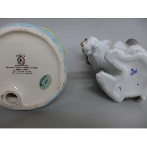 625 - A Beswick Jeremy Fisher Catches a Fish, a Lladro model of a dog and a hat pin stand in the form of a... 