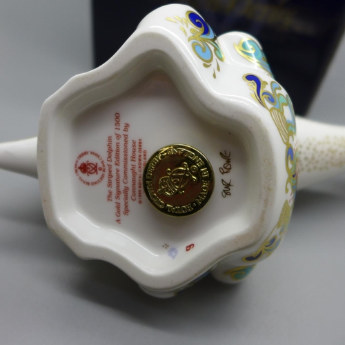 656 - A Royal Crown Derby paperweight - Striped Dolphin, one of a Gold Signature Limited Edition of 1500, ... 
