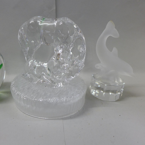 736 - Three Goebel glass paperweights, two other animal paperweights and one other apple glass paperweight