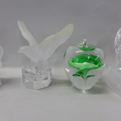 736 - Three Goebel glass paperweights, two other animal paperweights and one other apple glass paperweight