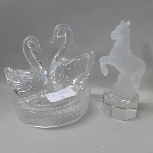 736 - Three Goebel glass paperweights, two other animal paperweights and one other apple glass paperweight