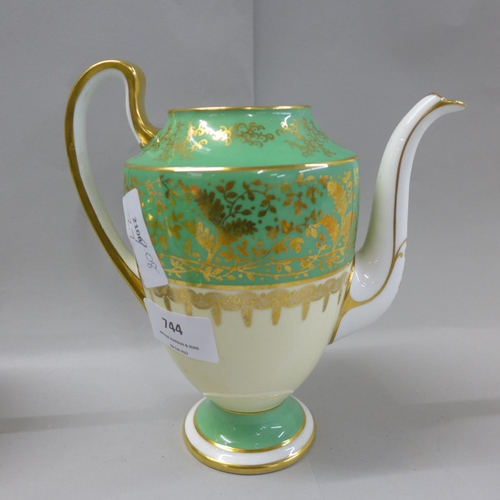 744 - An Aynsley green, gold and white part coffee set comprising five cups, six saucers, cream and sugar ... 