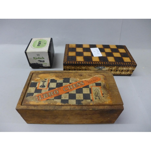 746 - Two small chess sets and a box of small glass plate slides