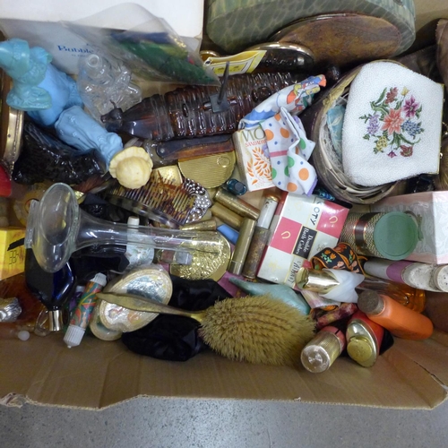759 - A box of perfumes, handkerchiefs, compacts, hair combs, hand mirror, brush, lipsticks, etc.