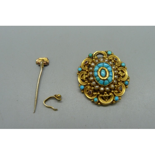 1013 - A yellow metal, turquoise, seedpearl and red stone brooch, a/f, requires repair, 8g