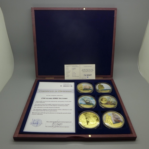 850 - The 250th Anniversary of HMS Victory, The Complete Six Coin Collection in wooden presentation box, w... 