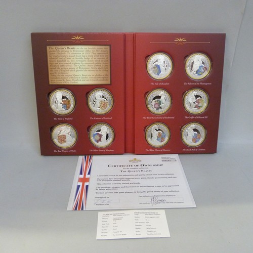 851 - The Queen's Beasts, ten silver plated heraldic coins in folder with certificate of ownership