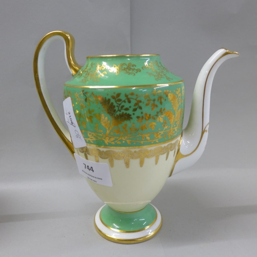 1146 - An Aynsley green, gold and white part coffee set comprising five cups, six saucers, cream and sugar ... 