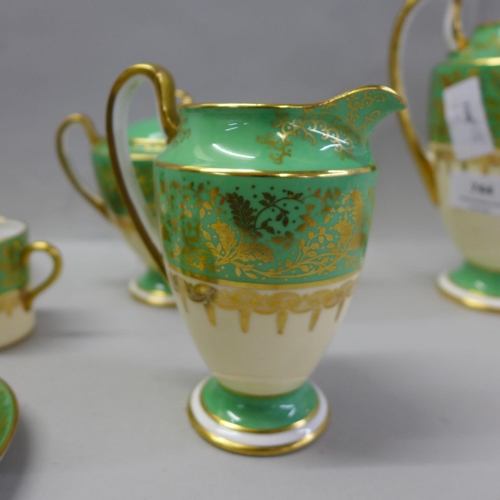 1146 - An Aynsley green, gold and white part coffee set comprising five cups, six saucers, cream and sugar ... 