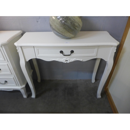 1400 - A white single drawer console table ( marked)