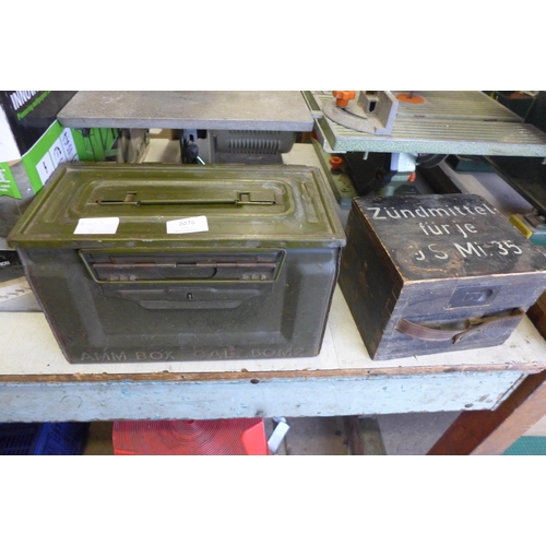 2076 - Two ammo boxes: metal U.S. military box CAL50M2 & wooden German Bouncing Betty S-Mine, held 9 ignite... 