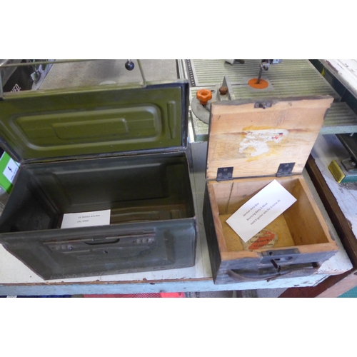 2076 - Two ammo boxes: metal U.S. military box CAL50M2 & wooden German Bouncing Betty S-Mine, held 9 ignite... 