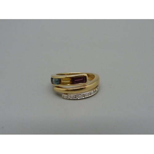 1007 - An 18ct gold, diamond and coloured stone ring, 3.8g, J