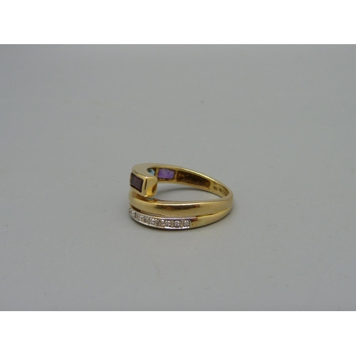 1007 - An 18ct gold, diamond and coloured stone ring, 3.8g, J