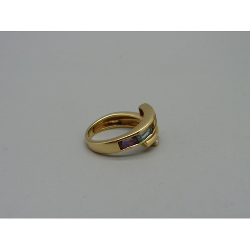 1007 - An 18ct gold, diamond and coloured stone ring, 3.8g, J