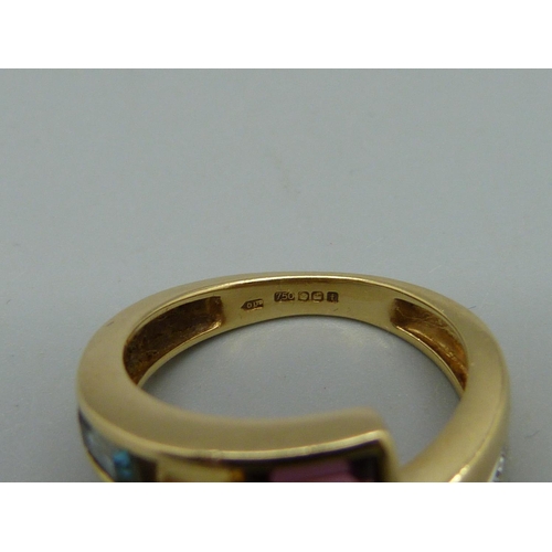 1007 - An 18ct gold, diamond and coloured stone ring, 3.8g, J