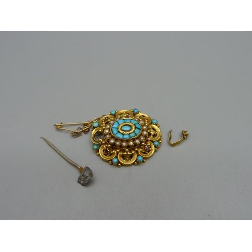 1013 - A yellow metal, turquoise, seedpearl and red stone brooch, a/f, requires repair, 8g