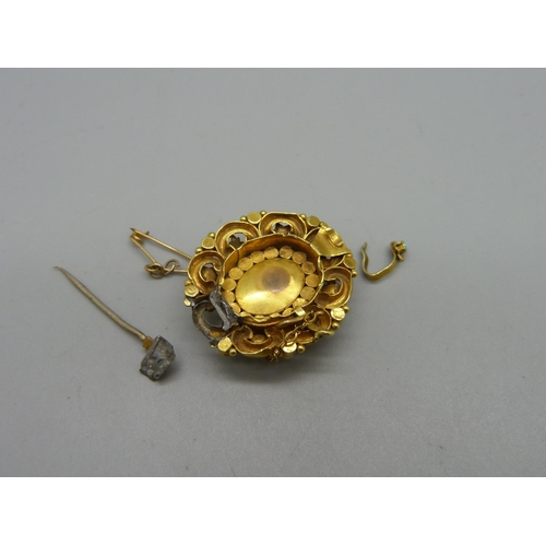 1013 - A yellow metal, turquoise, seedpearl and red stone brooch, a/f, requires repair, 8g