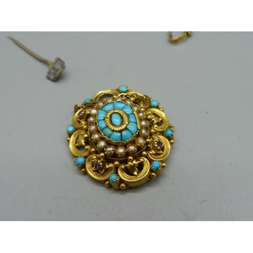 1013 - A yellow metal, turquoise, seedpearl and red stone brooch, a/f, requires repair, 8g