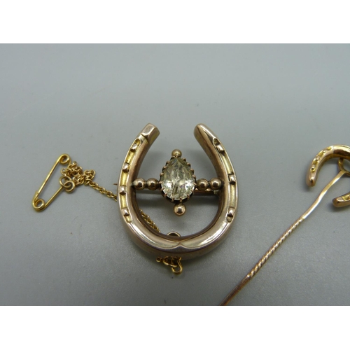 1015 - A gold horseshoe brooch and a late Victorian hallmarked 9ct gold horseshoe stick pin, brooch marked ... 