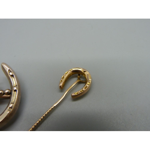 1015 - A gold horseshoe brooch and a late Victorian hallmarked 9ct gold horseshoe stick pin, brooch marked ... 