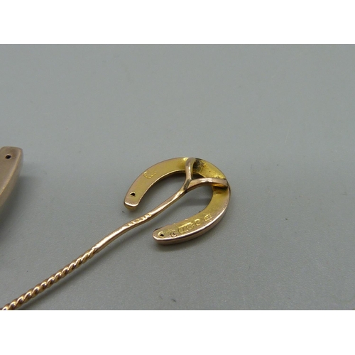 1015 - A gold horseshoe brooch and a late Victorian hallmarked 9ct gold horseshoe stick pin, brooch marked ... 