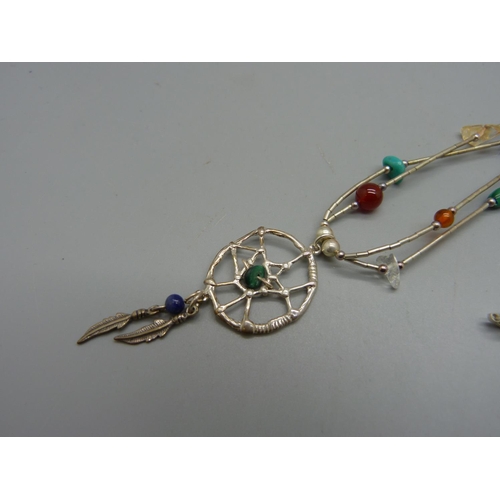 1016 - A .925 silver dream catcher necklace set with semi-precious stones