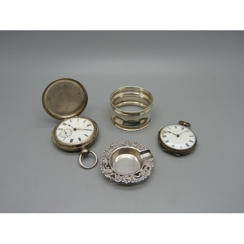 1017 - Two silver pocket watches, a silver napkin ring and a small 900 silver dish/ashtray, (pocket watches... 