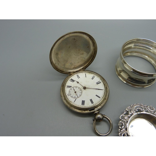 1017 - Two silver pocket watches, a silver napkin ring and a small 900 silver dish/ashtray, (pocket watches... 