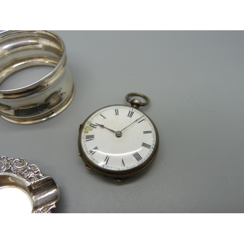 1017 - Two silver pocket watches, a silver napkin ring and a small 900 silver dish/ashtray, (pocket watches... 