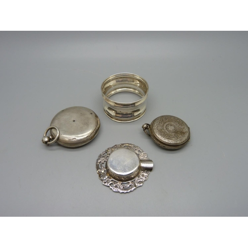 1017 - Two silver pocket watches, a silver napkin ring and a small 900 silver dish/ashtray, (pocket watches... 