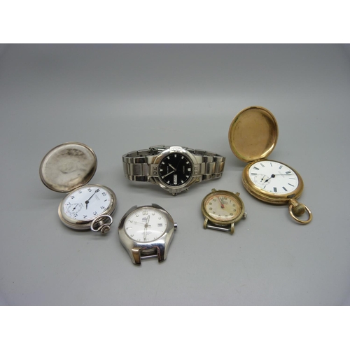 1082 - A Roamer wristwatch head, a Seiko Kinetic wristwatch, a Waltham pocket watch, etc.