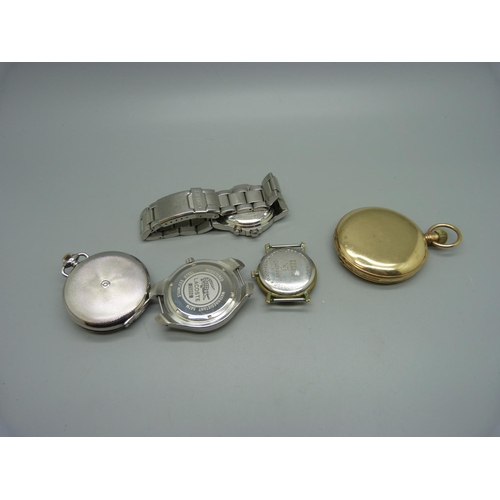 1082 - A Roamer wristwatch head, a Seiko Kinetic wristwatch, a Waltham pocket watch, etc.