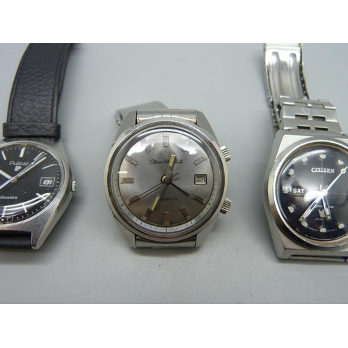 1119 - Two gentleman's Citizen wristwatches including an Alarm Date and a Pulsar, (3)